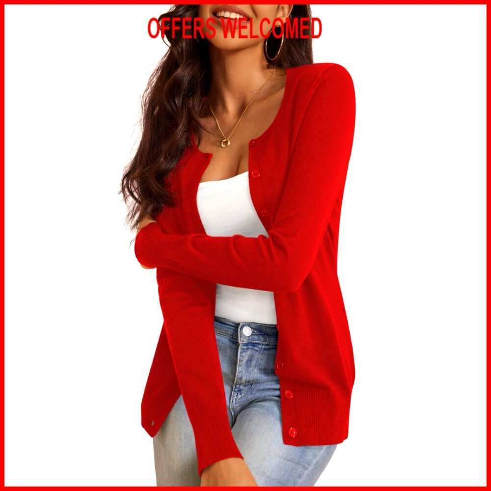 Button Down Crew Neck Long Sleeve Soft Knit Cardigan Sweater
